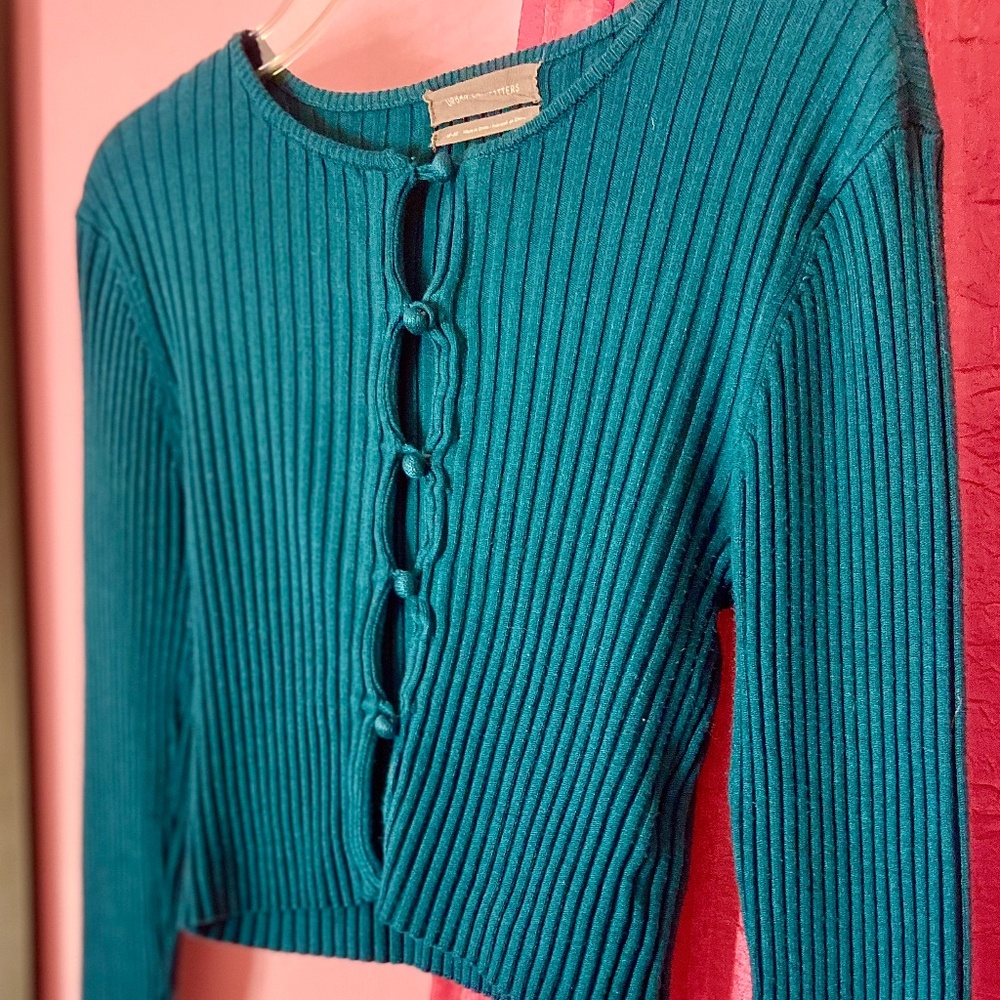 Urban Outfitters Teal Blue Pullover Button-Down Cropped Ribbed Women’s Medium - Picture 2 of 5